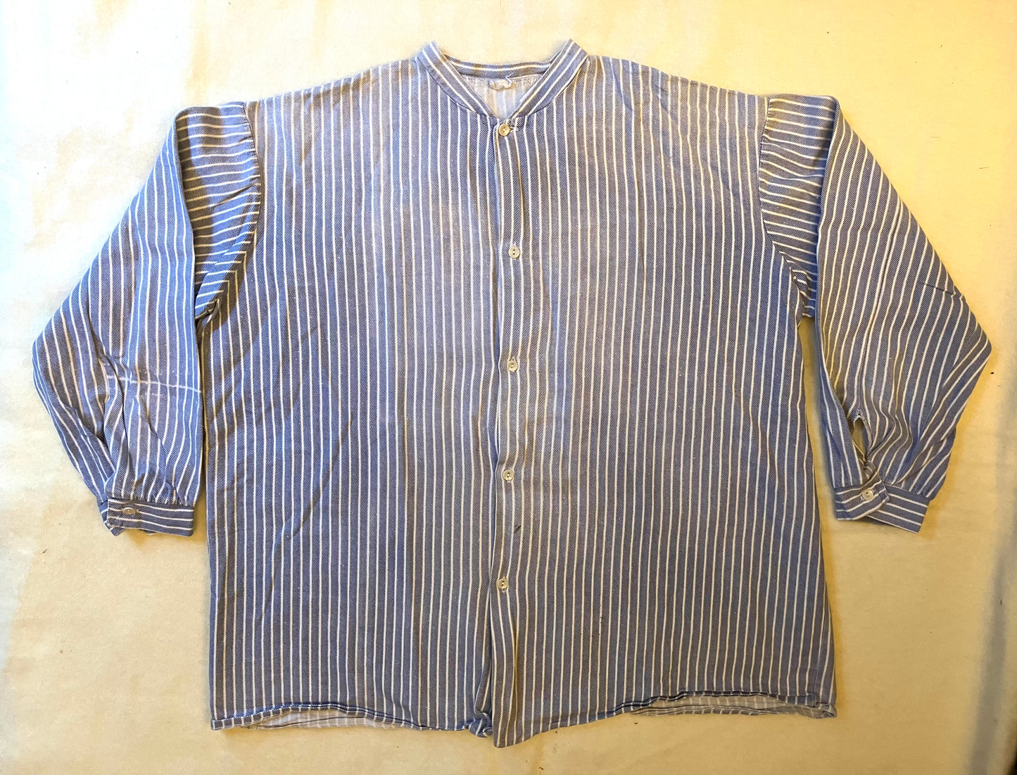 Vintage European Faded Blue & White Stripe Collarless Work Shirt