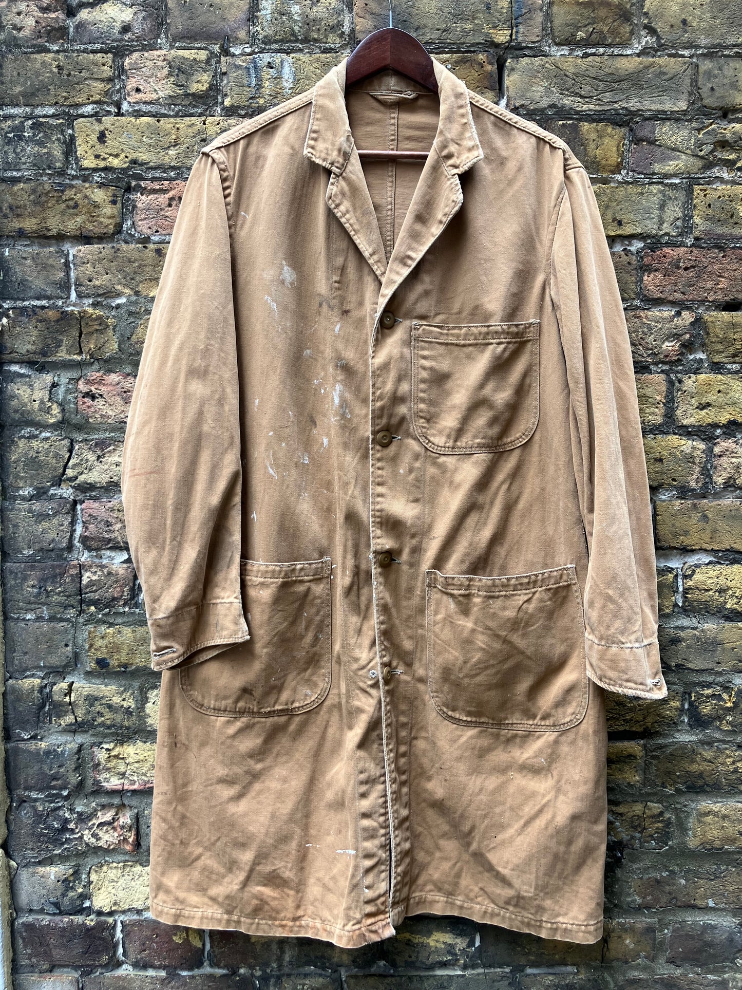 1940s English Shop Coat Khaki Paint Splashed