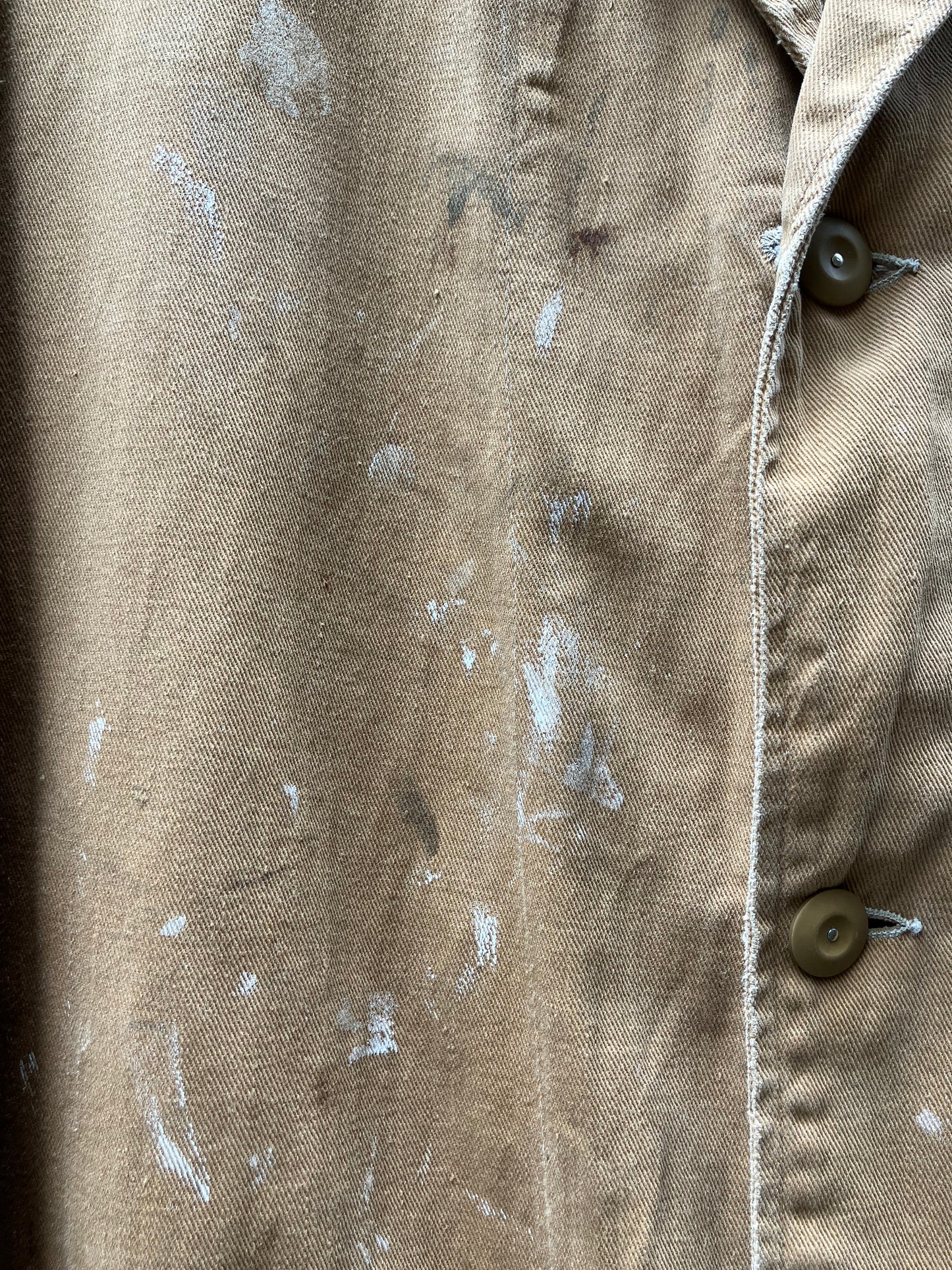 1940s English Shop Coat Khaki Paint Splashed