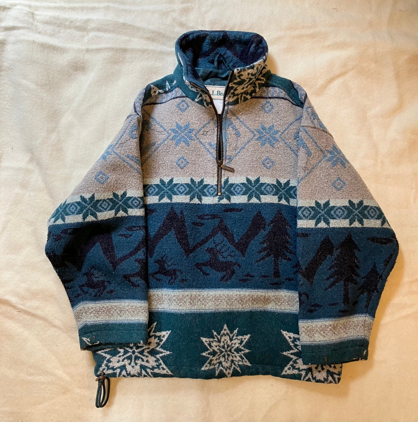 LL Bean Snowflake Deer Ski Pop-over Wool Jacket