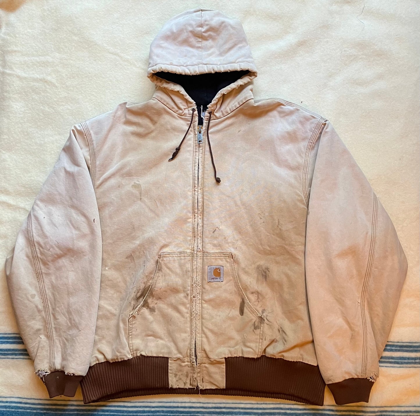 Vintage Faded Tan Hooded Carhartt Padded Bomber Jacket USA Made