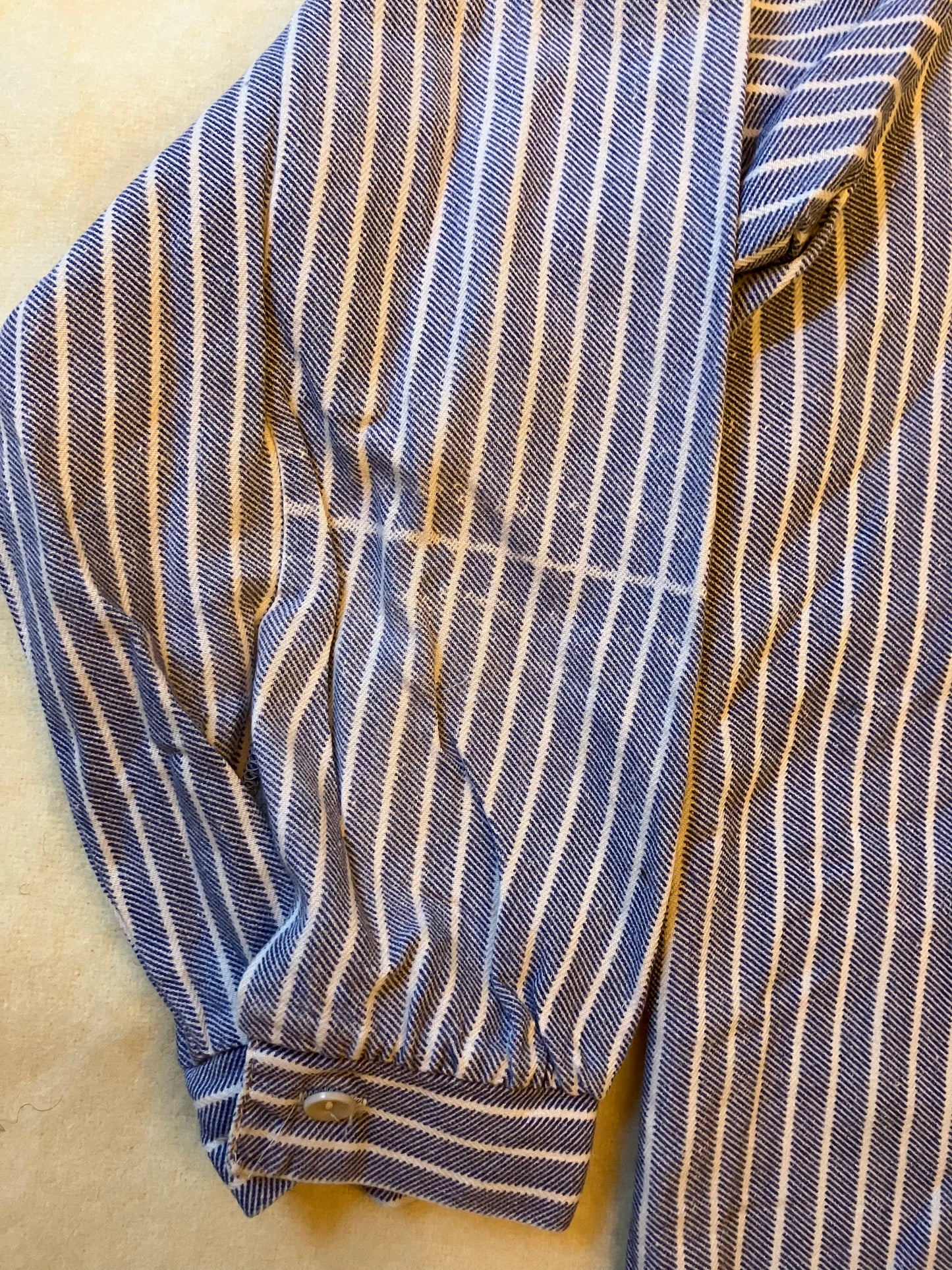 Vintage European ￼Faded Blue & White Stripe Collarless Work Shirt