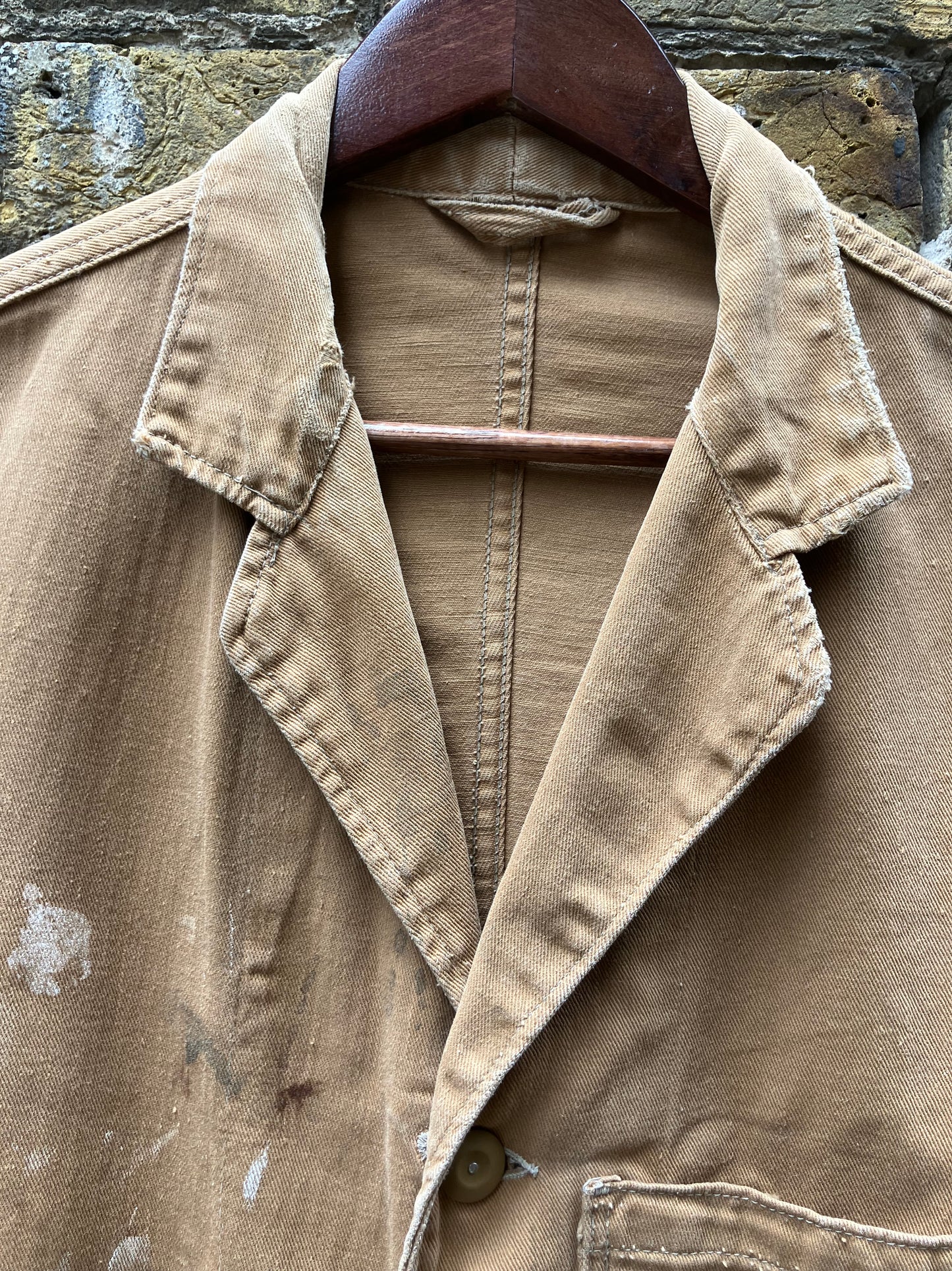 1940s English Shop Coat Khaki Paint Splashed